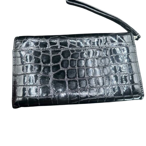 Brighton Shiny Black Croc Embossed Leather Wristlet Wallet Clutch - Picture 2 of 16